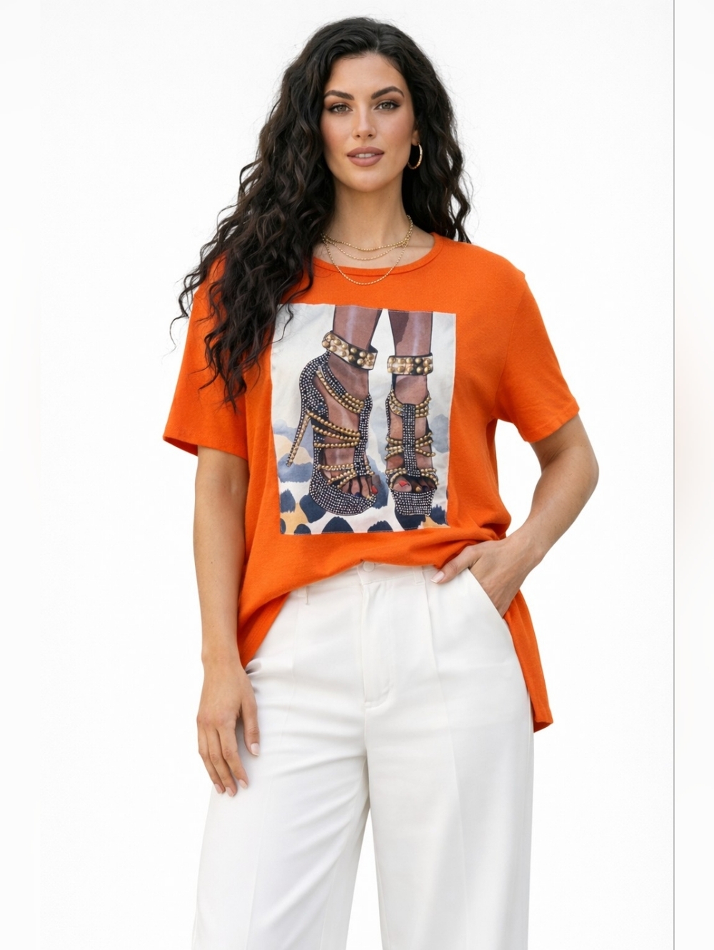 Orange Graphic Tee Rhinestone Heels Fashion Art Oversized Casual Top